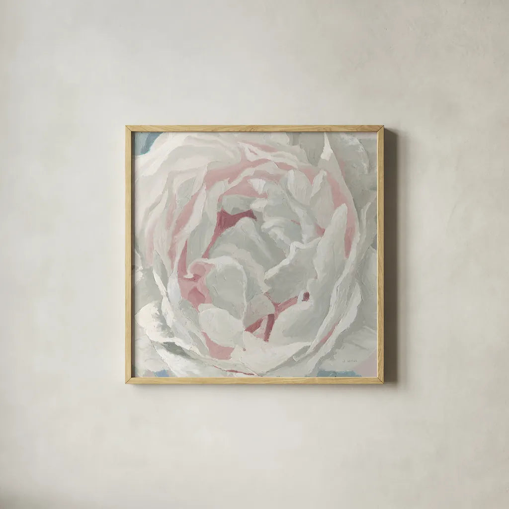Essence of June Floral III by James Wiens. Shown in a natural wood glass frame for a timeless modern aesthetic. Available as an archival giclee rolled canvas, fine art paper, or poster print. SKU 53129a.