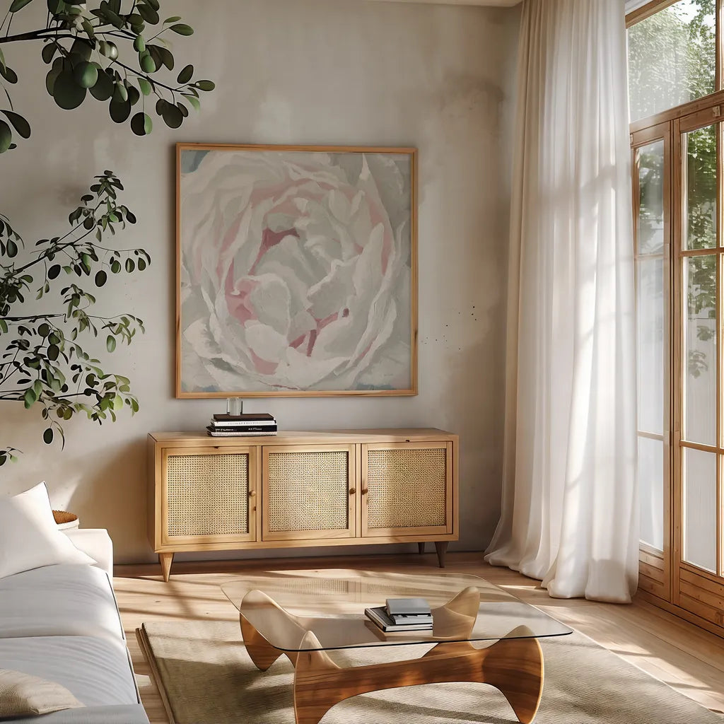 Essence of June Floral III by James Wiens. Shown in a natural wood frame in a cozy modern living room. Available as an archival giclee rolled canvas, fine art paper, or poster print. SKU 53129a.