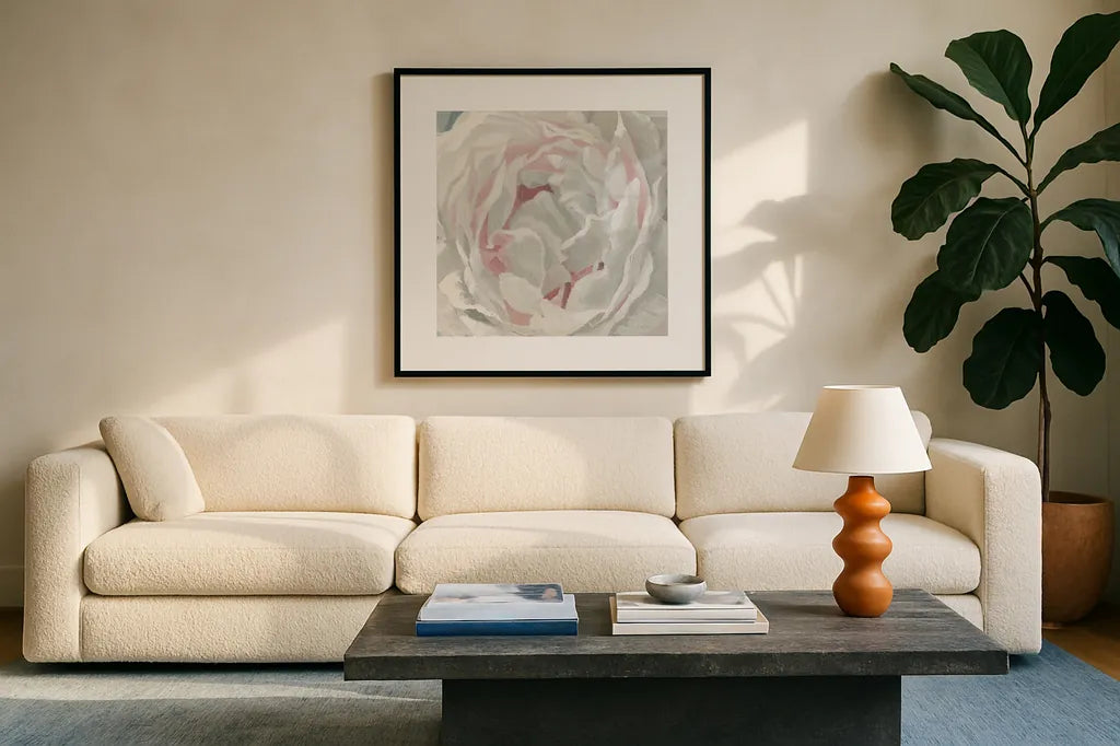 Essence of June Floral III by James Wiens. Displayed in a glass frame with matte in a clean modern living room. Available as an archival giclee rolled canvas, fine art paper, or poster print. SKU 53129a.