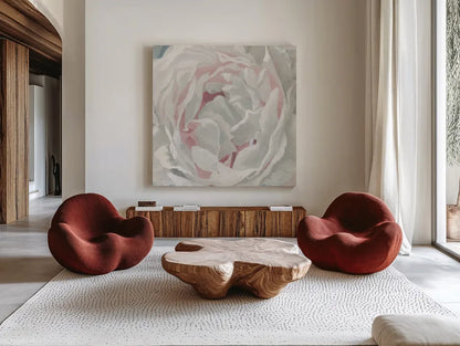 Essence of June Floral III by James Wiens. Shown as extra-large giant wall art in a modern living room. Available as an archival giclee rolled canvas, fine art paper, or poster print. SKU 53129a.