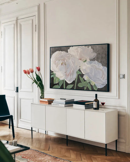 Essence of June I Black by James Wiens. shown as a framed stretched canvas in a living room above a console. Available as a archival giclee rolled canvas, fine art paper, or poster print. SKU 52073i.