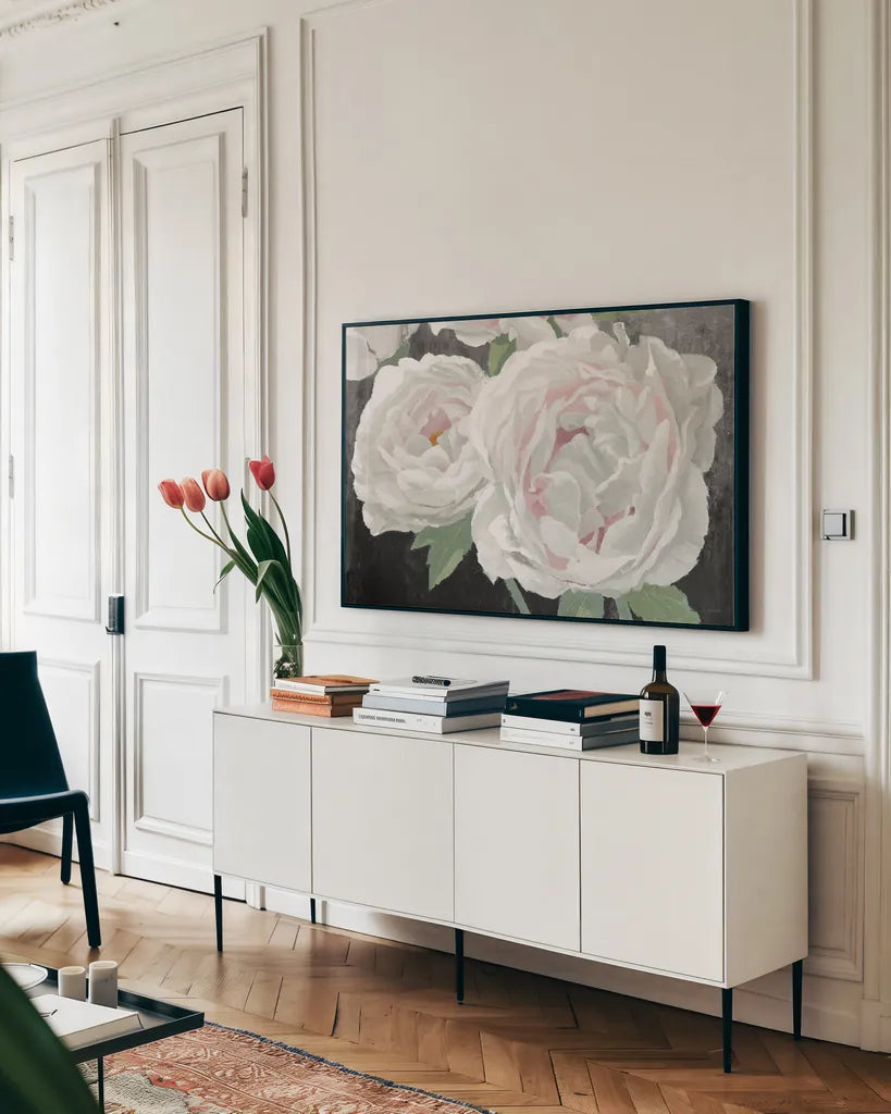 Essence of June II Black by James Wiens. shown as a framed stretched canvas in a living room above a console. Available as a archival giclee rolled canvas, fine art paper, or poster print. SKU 52074i.