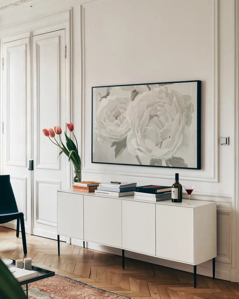 Essence of June II Neutral by James Wiens. shown as a framed stretched canvas in a living room above a console. Available as a archival giclee rolled canvas, fine art paper, or poster print. SKU 52278i.