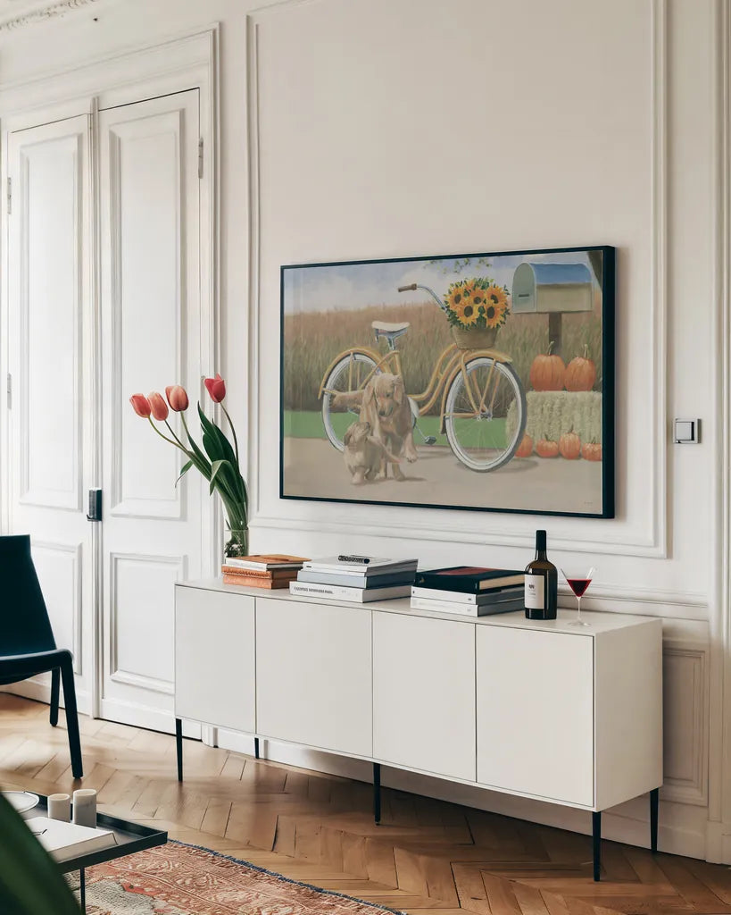 Fall Bounty I by James Wiens. shown as a framed stretched canvas in a living room above a console. Available as a archival giclee rolled canvas, fine art paper, or poster print. SKU 76872i.