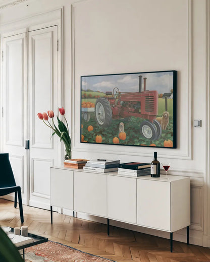 Fall Bounty II by James Wiens. shown as a framed stretched canvas in a living room above a console. Available as a archival giclee rolled canvas, fine art paper, or poster print. SKU 76873i.