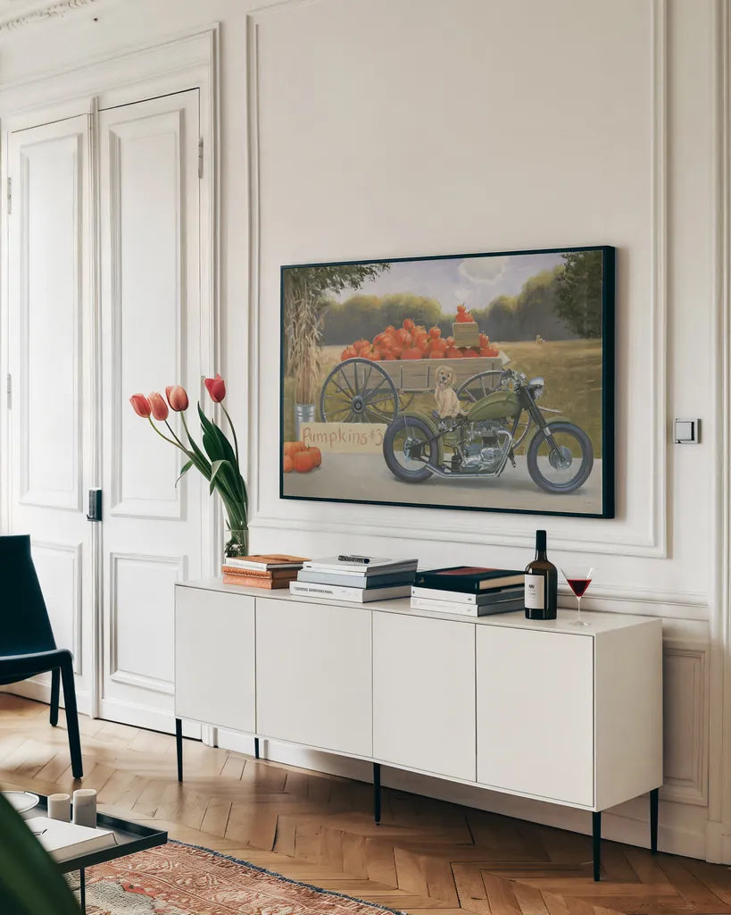 Fall Bounty IV by James Wiens. shown as a framed stretched canvas in a living room above a console. Available as a archival giclee rolled canvas, fine art paper, or poster print. SKU 76875i.