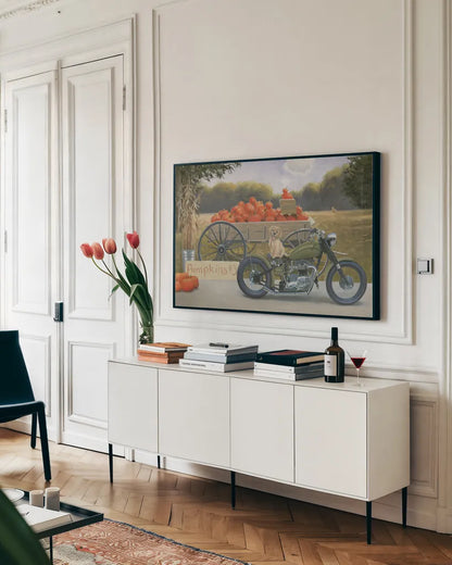 Fall Bounty IV by James Wiens. shown as a framed stretched canvas in a living room above a console. Available as a archival giclee rolled canvas, fine art paper, or poster print. SKU 76875i.
