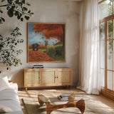 Fall Fun by James Wiens. Shown in a natural wood frame in a cozy modern living room. Available as an archival giclee rolled canvas, fine art paper, or poster print. SKU 33395a.