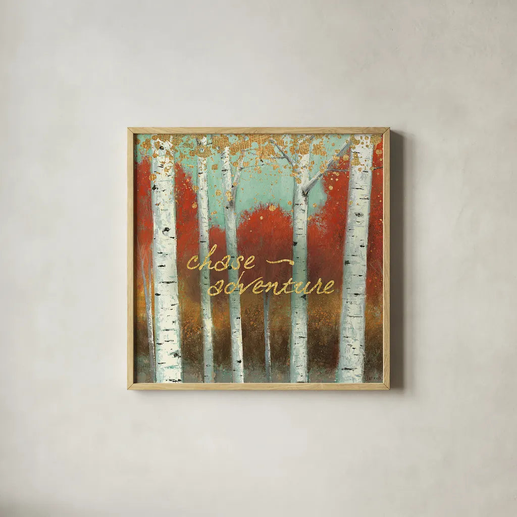 Fall Promenade II by James Wiens. Shown in a natural wood glass frame for a timeless modern aesthetic. Available as an archival giclee rolled canvas, fine art paper, or poster print. SKU 21343a.