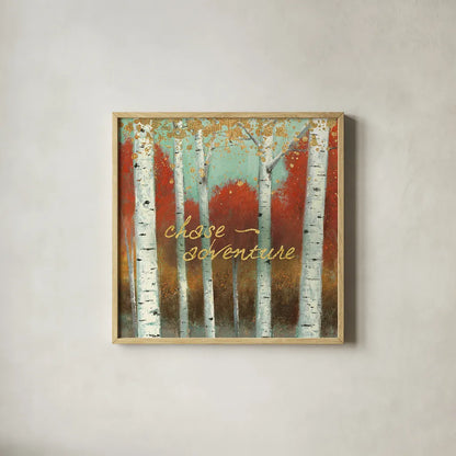 Fall Promenade II by James Wiens. Shown in a natural wood glass frame for a timeless modern aesthetic. Available as an archival giclee rolled canvas, fine art paper, or poster print. SKU 21343a.