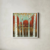 Fall Promenade II by James Wiens. Shown in a crisp white glass frame for a clean and minimalist style. Available as an archival giclee rolled canvas, fine art paper, or poster print. SKU 21343a.