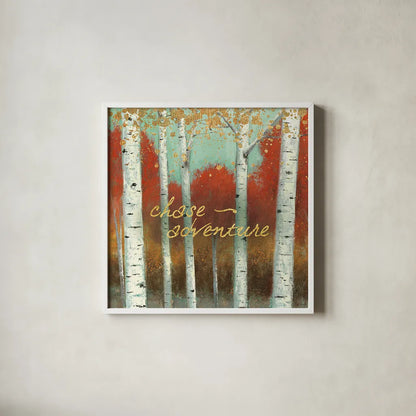 Fall Promenade II by James Wiens. Shown in a crisp white glass frame for a clean and minimalist style. Available as an archival giclee rolled canvas, fine art paper, or poster print. SKU 21343a.