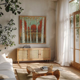 Fall Promenade II by James Wiens. Shown in a natural wood frame in a cozy modern living room. Available as an archival giclee rolled canvas, fine art paper, or poster print. SKU 21343a.