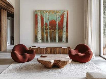 Fall Promenade II by James Wiens. Shown as extra-large giant wall art in a modern living room. Available as an archival giclee rolled canvas, fine art paper, or poster print. SKU 21343a.