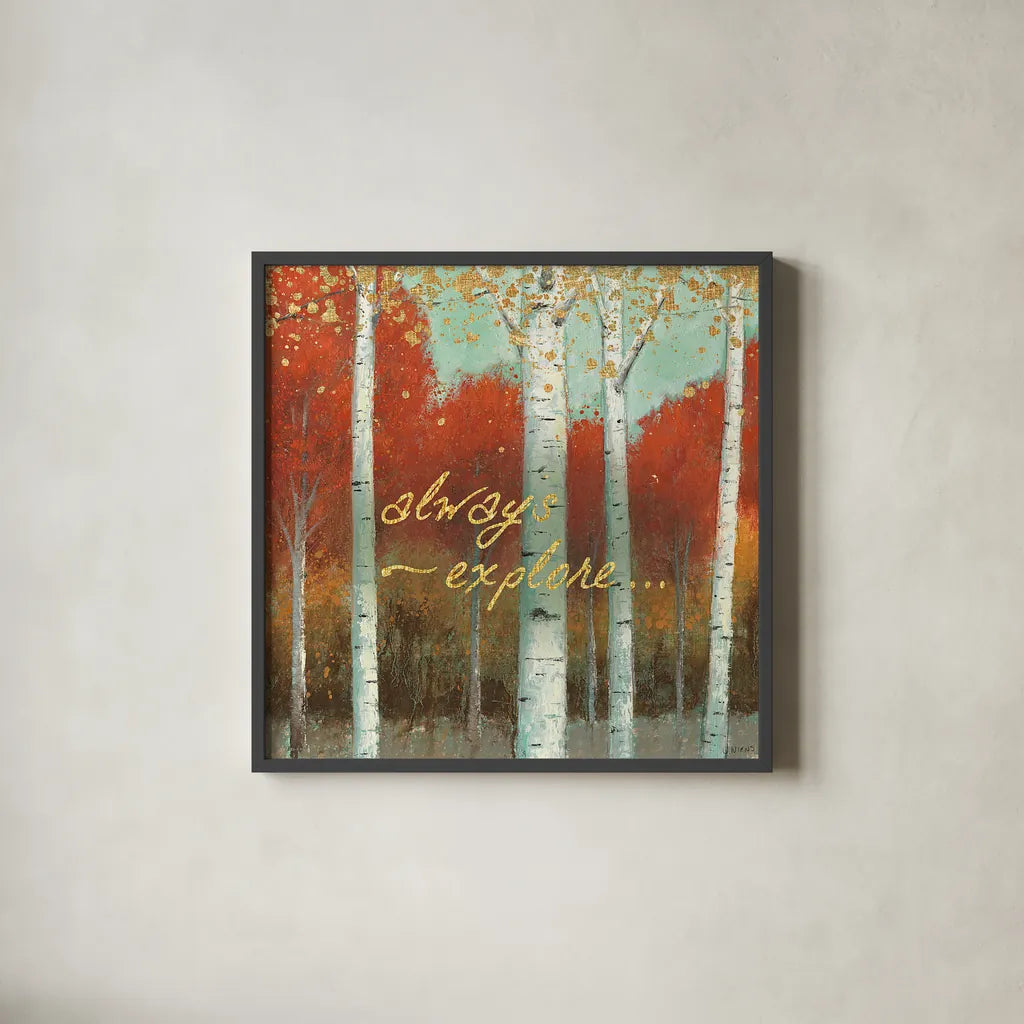 Fall Promenade III by James Wiens. Shown in a sleek black glass frame for a contemporary gallery look. Available as an archival giclee rolled canvas, fine art paper, or poster print. SKU 21344a.