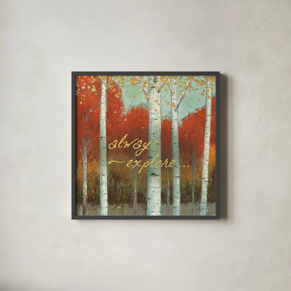 Fall Promenade III by James Wiens. Shown in a sleek black glass frame for a contemporary gallery look. Available as an archival giclee rolled canvas, fine art paper, or poster print. SKU 21344a.