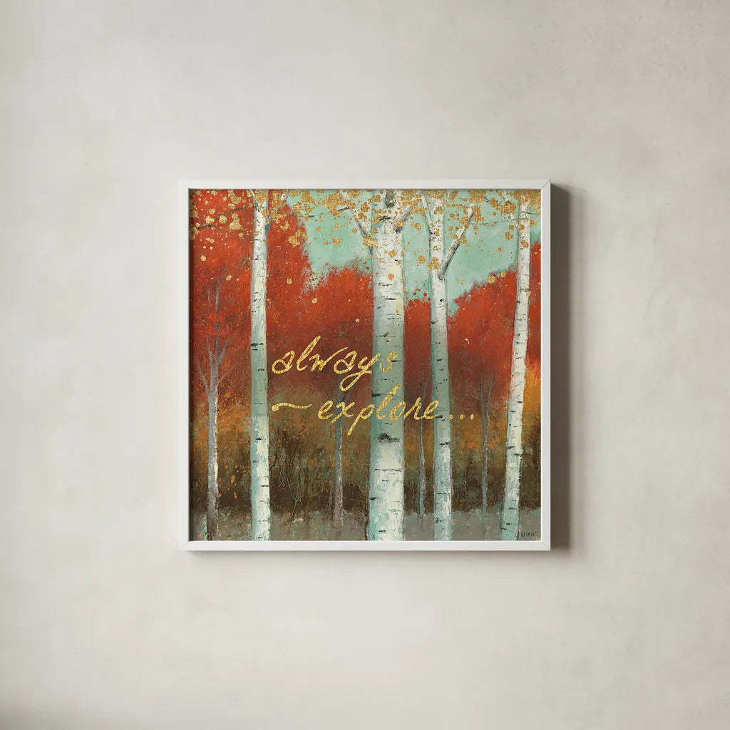 Fall Promenade III by James Wiens. Shown in a crisp white glass frame for a clean and minimalist style. Available as an archival giclee rolled canvas, fine art paper, or poster print. SKU 21344a.