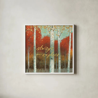 Fall Promenade III by James Wiens. Shown in a crisp white glass frame for a clean and minimalist style. Available as an archival giclee rolled canvas, fine art paper, or poster print. SKU 21344a.