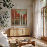 Fall Promenade III by James Wiens. Shown in a natural wood frame in a cozy modern living room. Available as an archival giclee rolled canvas, fine art paper, or poster print. SKU 21344a.