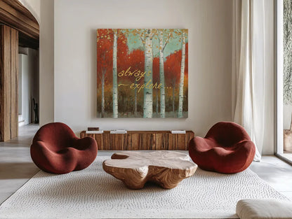 Fall Promenade III by James Wiens. Shown as extra-large giant wall art in a modern living room. Available as an archival giclee rolled canvas, fine art paper, or poster print. SKU 21344a.