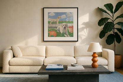 Fall at the Farm II by James Wiens. Displayed in a glass frame with matte in a clean modern living room. Available as an archival giclee rolled canvas, fine art paper, or poster print. SKU 79916a.