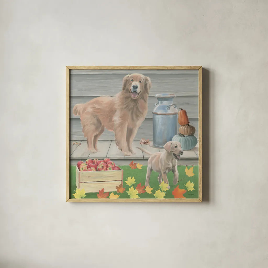 Fall at the Farm III by James Wiens. Shown in a natural wood glass frame for a timeless modern aesthetic. Available as an archival giclee rolled canvas, fine art paper, or poster print. SKU 79917a.