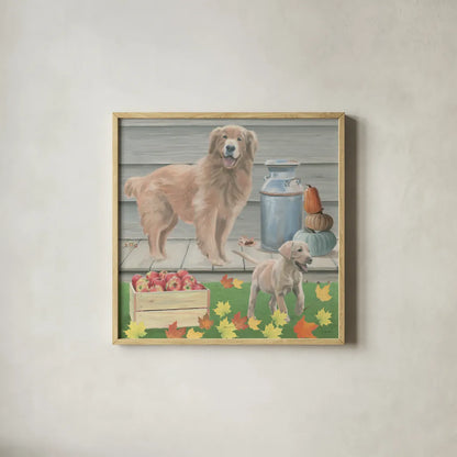 Fall at the Farm III by James Wiens. Shown in a natural wood glass frame for a timeless modern aesthetic. Available as an archival giclee rolled canvas, fine art paper, or poster print. SKU 79917a.