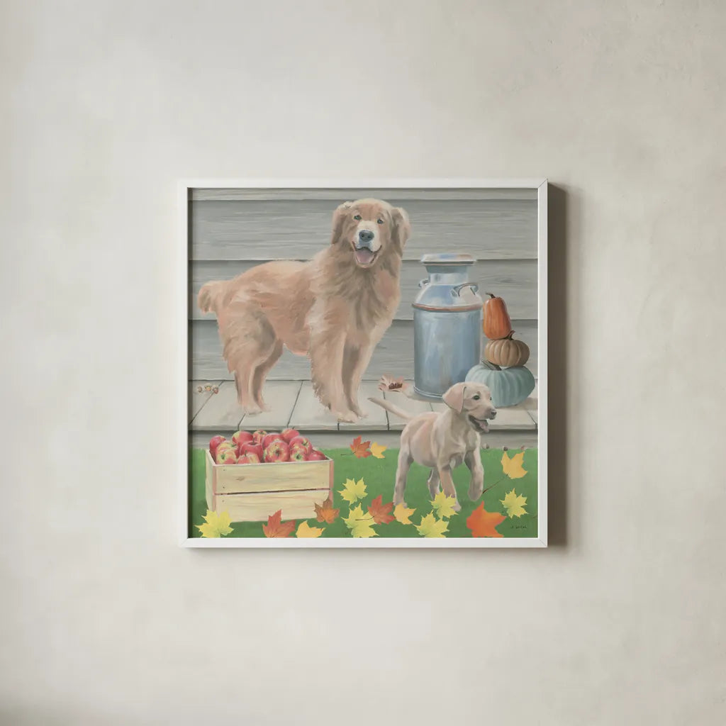 Fall at the Farm III by James Wiens. Shown in a crisp white glass frame for a clean and minimalist style. Available as an archival giclee rolled canvas, fine art paper, or poster print. SKU 79917a.