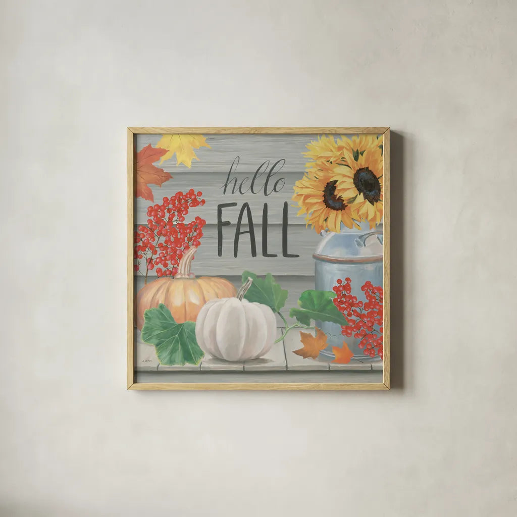 Fall at the Farm V by James Wiens. Shown in a natural wood glass frame for a timeless modern aesthetic. Available as an archival giclee rolled canvas, fine art paper, or poster print. SKU 79919a.