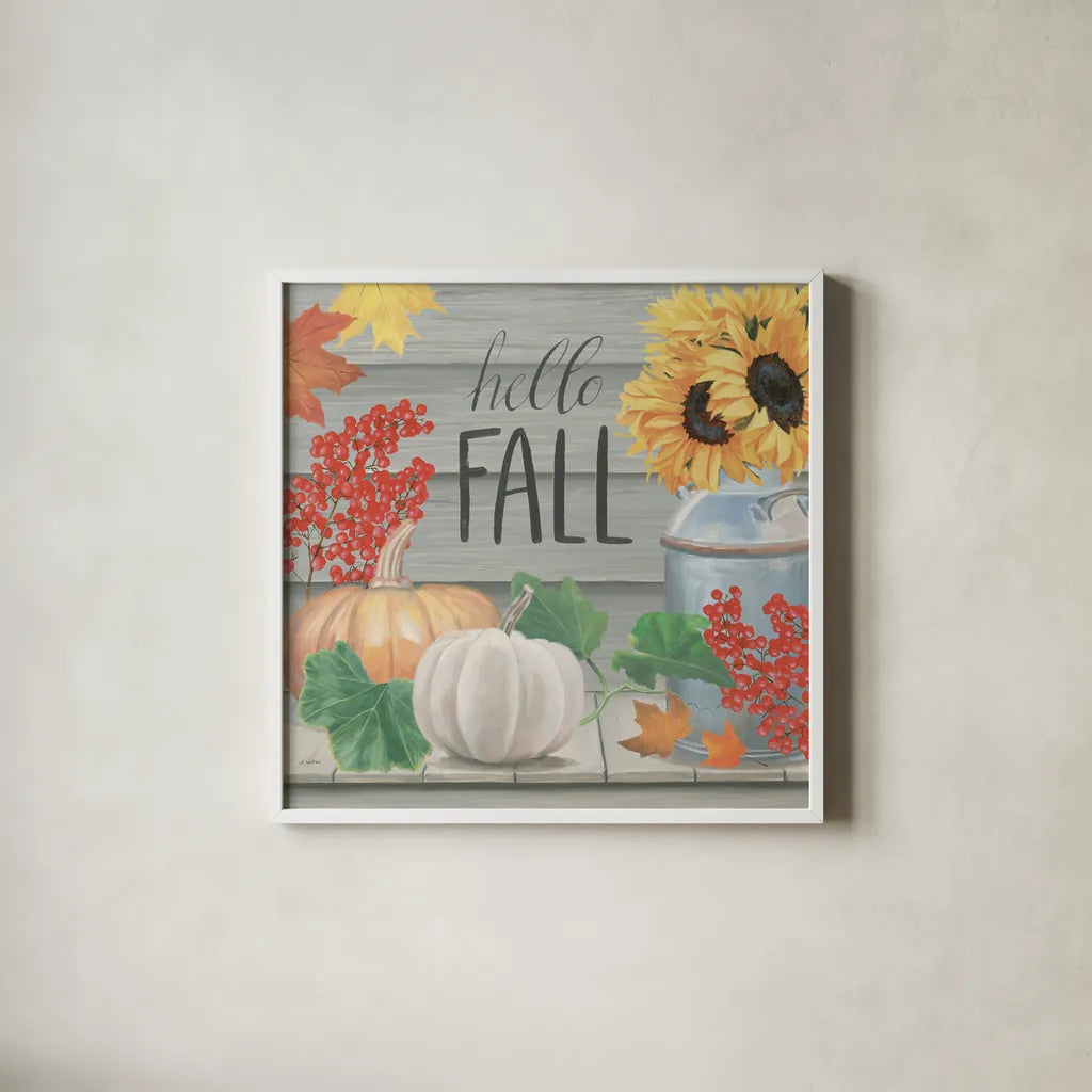 Fall at the Farm V by James Wiens. Shown in a crisp white glass frame for a clean and minimalist style. Available as an archival giclee rolled canvas, fine art paper, or poster print. SKU 79919a.