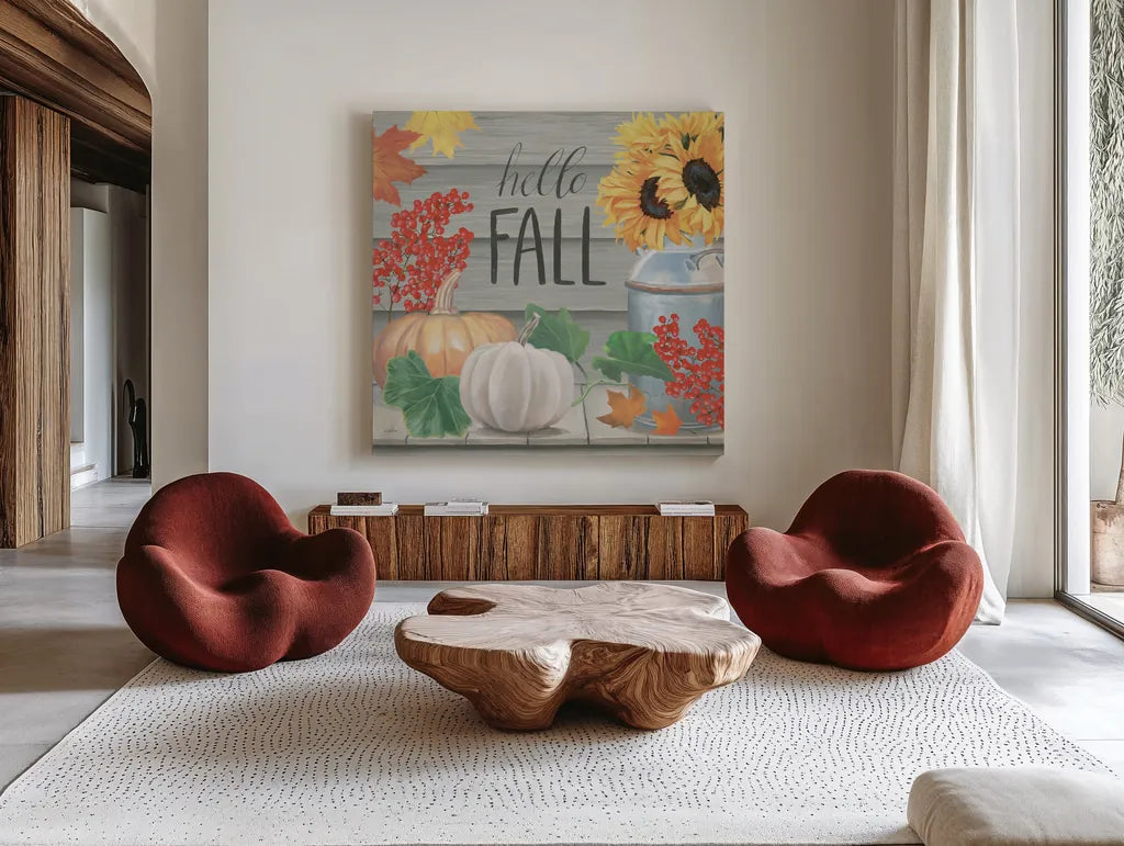 Fall at the Farm V by James Wiens. Shown as extra-large giant wall art in a modern living room. Available as an archival giclee rolled canvas, fine art paper, or poster print. SKU 79919a.