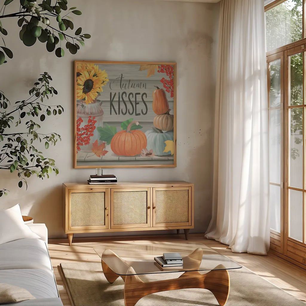 Fall at the Farm VI by James Wiens. Shown in a natural wood frame in a cozy modern living room. Available as an archival giclee rolled canvas, fine art paper, or poster print. SKU 79920a.