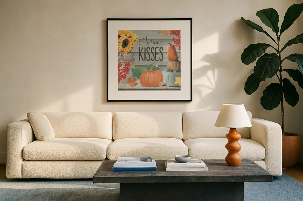 Fall at the Farm VI by James Wiens. Displayed in a glass frame with matte in a clean modern living room. Available as an archival giclee rolled canvas, fine art paper, or poster print. SKU 79920a.