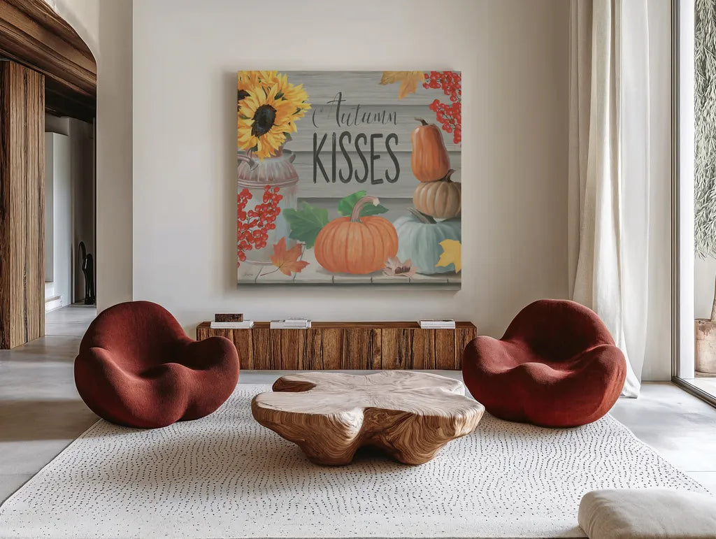 Fall at the Farm VI by James Wiens. Shown as extra-large giant wall art in a modern living room. Available as an archival giclee rolled canvas, fine art paper, or poster print. SKU 79920a.
