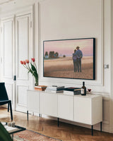 Family Farm by James Wiens. shown as a framed stretched canvas in a living room above a console. Available as a archival giclee rolled canvas, fine art paper, or poster print. SKU 34881i.