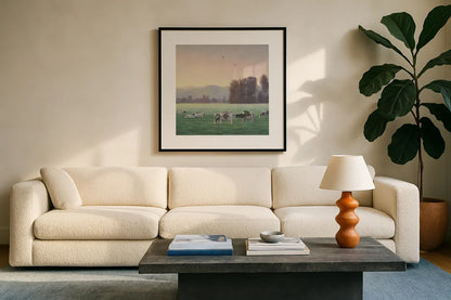 Farm Life V by James Wiens. Displayed in a glass frame with matte in a clean modern living room. Available as an archival giclee rolled canvas, fine art paper, or poster print. SKU 32390a.