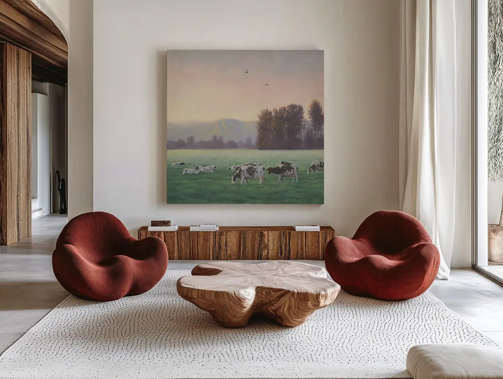 Farm Life V by James Wiens. Shown as extra-large giant wall art in a modern living room. Available as an archival giclee rolled canvas, fine art paper, or poster print. SKU 32390a.
