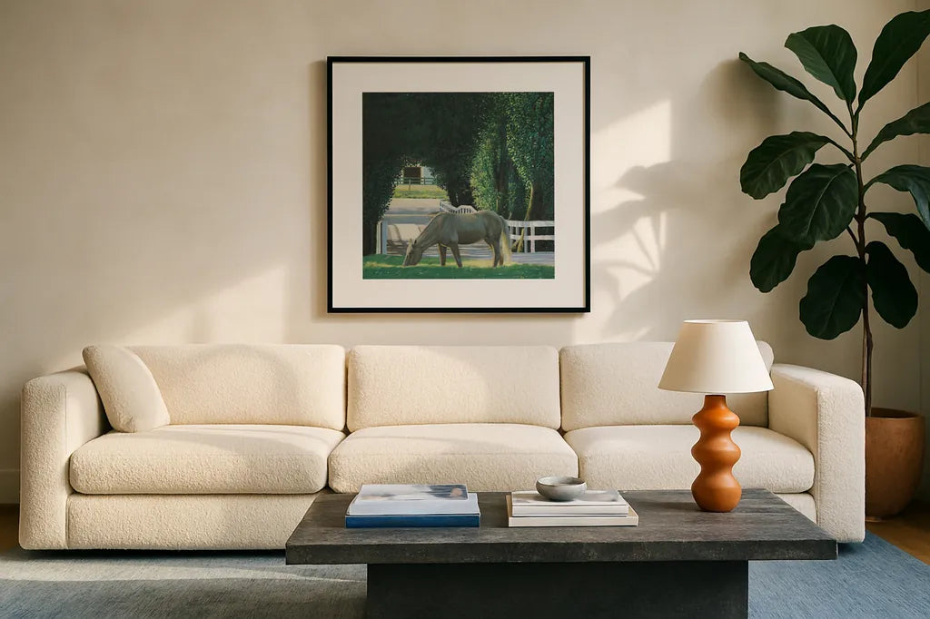 Farm Life VI by James Wiens. Displayed in a glass frame with matte in a clean modern living room. Available as an archival giclee rolled canvas, fine art paper, or poster print. SKU 32391a.