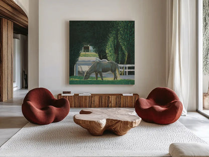Farm Life VI by James Wiens. Shown as extra-large giant wall art in a modern living room. Available as an archival giclee rolled canvas, fine art paper, or poster print. SKU 32391a.