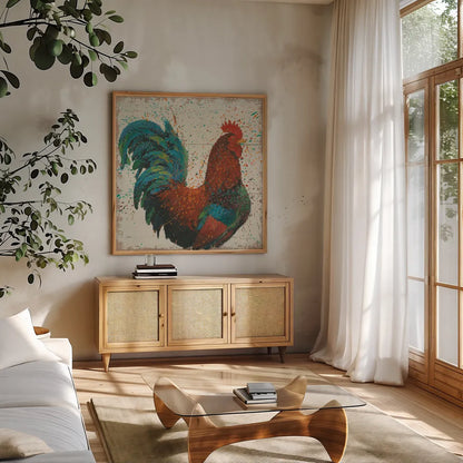 Farm Proud I by James Wiens. Shown in a natural wood frame in a cozy modern living room. Available as an archival giclee rolled canvas, fine art paper, or poster print. SKU 20447a.
