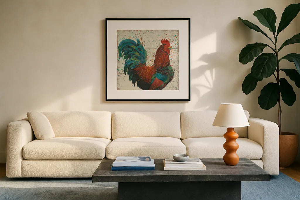Farm Proud I by James Wiens. Displayed in a glass frame with matte in a clean modern living room. Available as an archival giclee rolled canvas, fine art paper, or poster print. SKU 20447a.