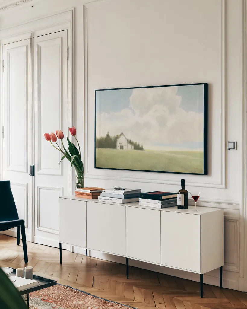 Field and Sky v2 by James Wiens. shown as a framed stretched canvas in a living room above a console. Available as a archival giclee rolled canvas, fine art paper, or poster print. SKU 56406i.