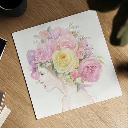 Flowers in her Hair by James Wiens. Shown as a detailed flat fine art print, highlighting archival giclee quality. Available as an archival giclee rolled canvas, fine art paper, or poster print. SKU 49843a.