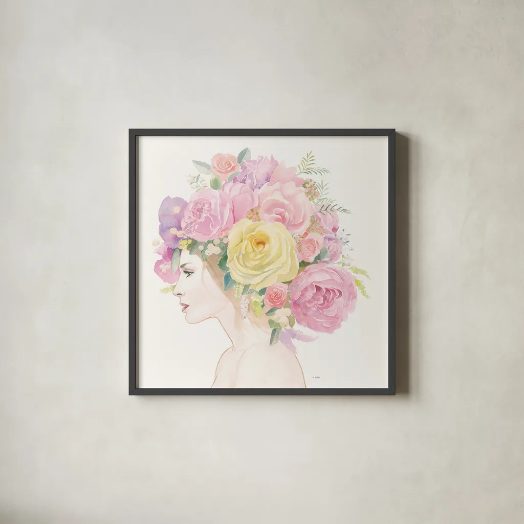 Flowers in her Hair by James Wiens. Shown in a sleek black glass frame for a contemporary gallery look. Available as an archival giclee rolled canvas, fine art paper, or poster print. SKU 49843a.