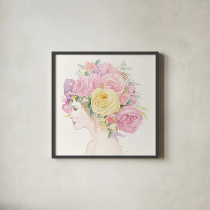 Flowers in her Hair by James Wiens. Shown in a sleek black glass frame for a contemporary gallery look. Available as an archival giclee rolled canvas, fine art paper, or poster print. SKU 49843a.