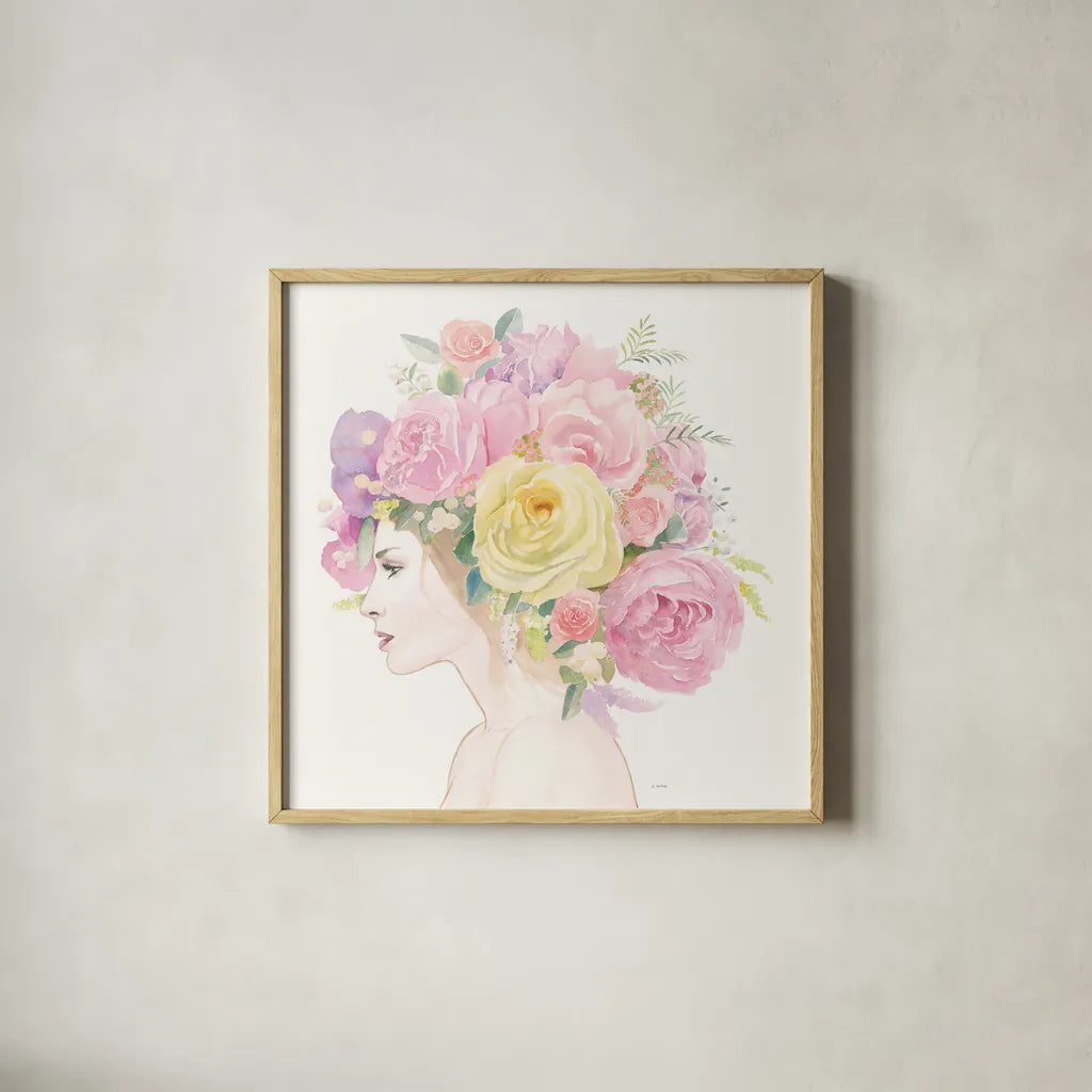Flowers in her Hair by James Wiens. Shown in a natural wood glass frame for a timeless modern aesthetic. Available as an archival giclee rolled canvas, fine art paper, or poster print. SKU 49843a.