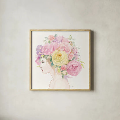 Flowers in her Hair by James Wiens. Shown in a natural wood glass frame for a timeless modern aesthetic. Available as an archival giclee rolled canvas, fine art paper, or poster print. SKU 49843a.