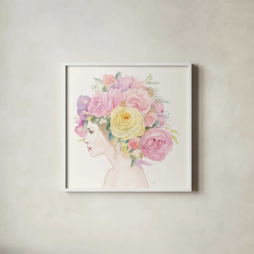 Flowers in her Hair by James Wiens. Shown in a crisp white glass frame for a clean and minimalist style. Available as an archival giclee rolled canvas, fine art paper, or poster print. SKU 49843a.