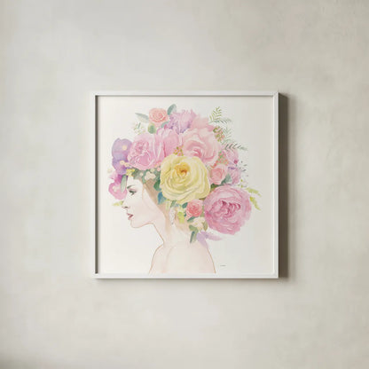 Flowers in her Hair by James Wiens. Shown in a crisp white glass frame for a clean and minimalist style. Available as an archival giclee rolled canvas, fine art paper, or poster print. SKU 49843a.