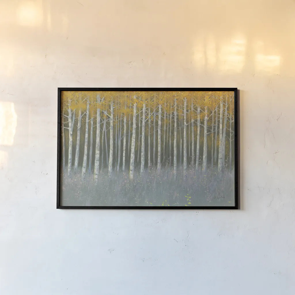 Forest Dusk by James Wiens. shown as a paper print in a black flame. Available as a archival giclee rolled canvas, fine art paper, or poster print. SKU 72629i.